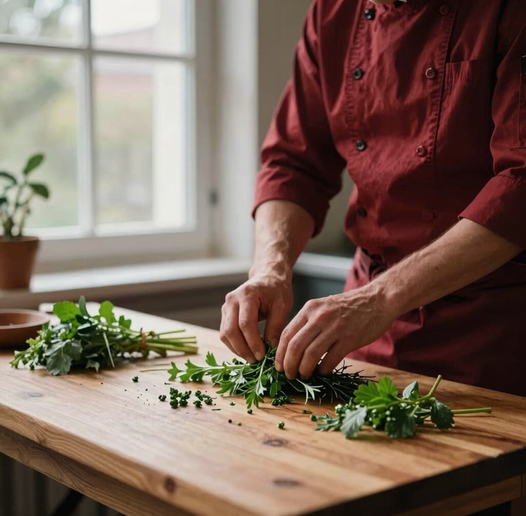 Cozy editorial photography of a Scandinavian-style restaurant kitchen, natural window light, chef prepping fresh herbs on a wooden table, rich crimson tones, shallow depth of field.