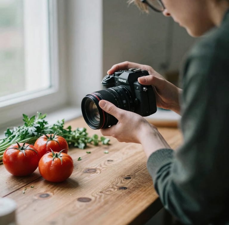 Candid behind-the-scenes shot of a photographer adjusting a camera lens over a rustic wooden table with fresh red tomatoes and green herbs, soft overcast light, 35mm film.