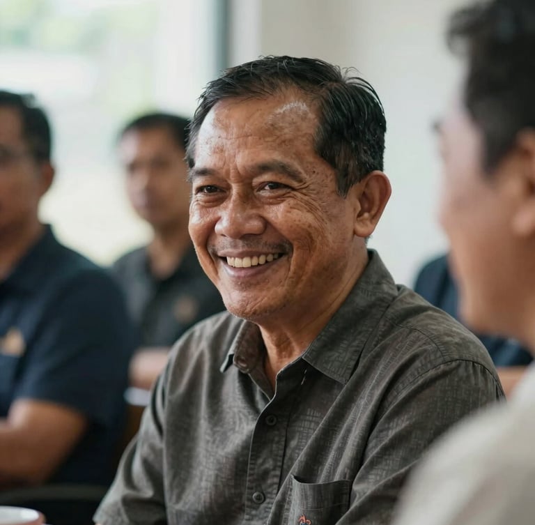 A close-up shot of a mature Indonesian man smiling warmly during a group discussion, soft natural daylight, professional workshop setting, highly focused and dignified.