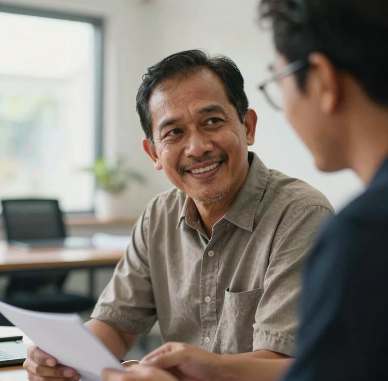 A close-up of a mature Indonesian man in his late 50s, smiling warmly as he shares his business plan with a trainer in a sunlit, modern workshop room, soft natural light, shallow depth of field.