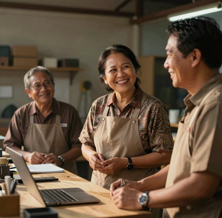 Dignified mature Indonesian employees in a warm workshop setting, smiling and discussing actively, natural golden hour lighting, medium shot.