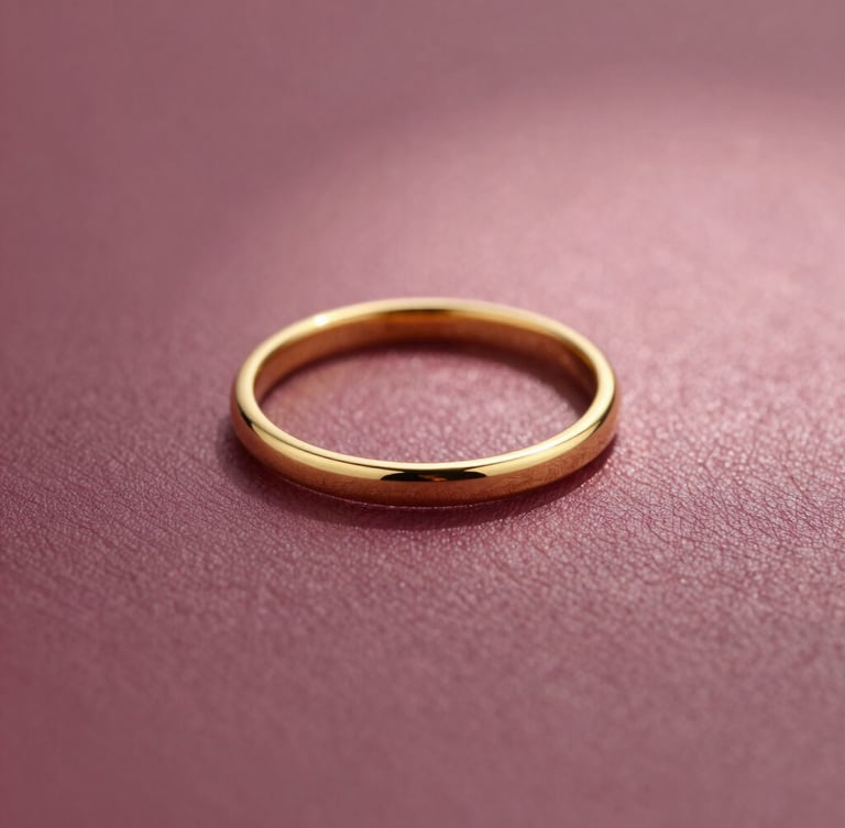 Macro shot of a delicate solid gold ring catching soft warm natural light on skin, deep plum and dusty rose background, elegant product photography