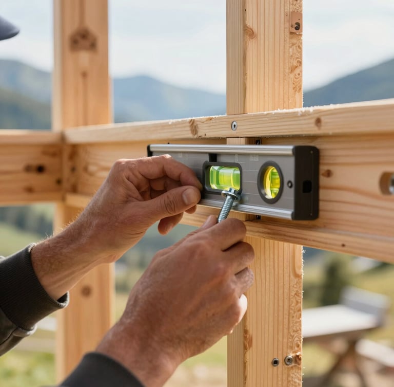 Close-up of a professional technician's hands using a leveler and heavy-duty steel lag bolts to secure a mounting bracket to a wooden wall stud, bright natural daylight, sharp focus, warm wood tones, professional 35mm