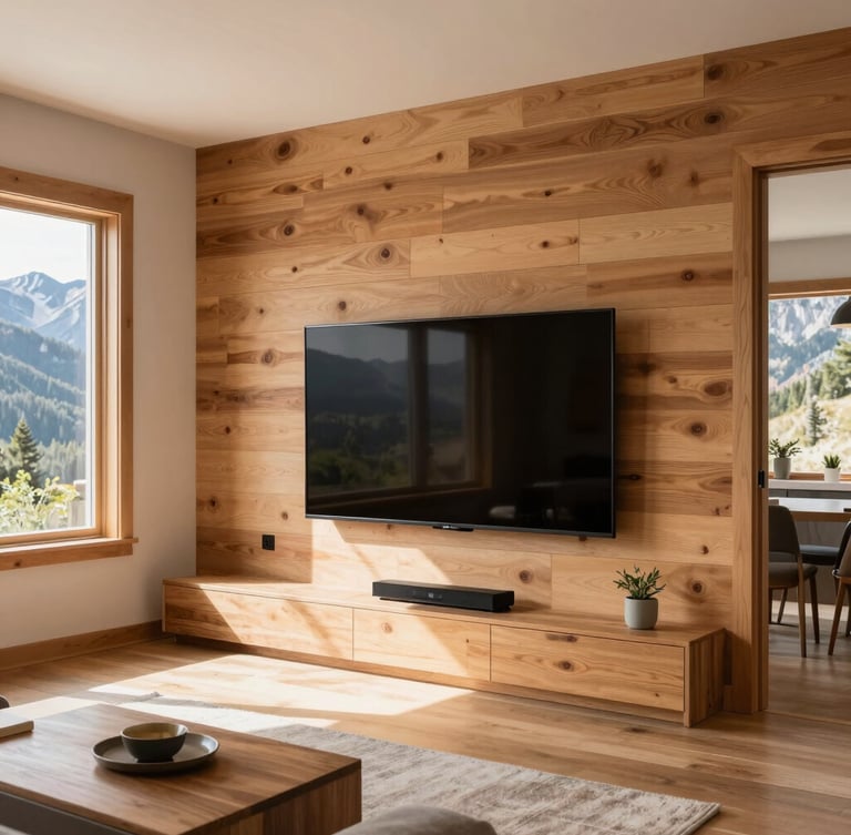 Clean completed TV installation in a mountain-modern living room with warm wood paneling, bright natural mountain daylight filtering through windows, professional 35mm photography