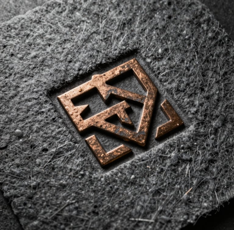 Extreme close-up of heavily textured charcoal cotton paper with a deeply embossed bronze geometric emblem, casting sharp chiaroscuro shadows across the surface.
