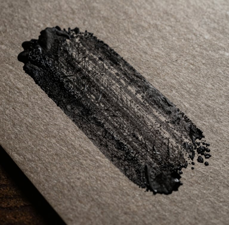 Extreme close-up of heavy black ink on highly textured raw paper stock, dramatic side lighting casting deep shadows across the grain, macro lens, desaturated rustic tones