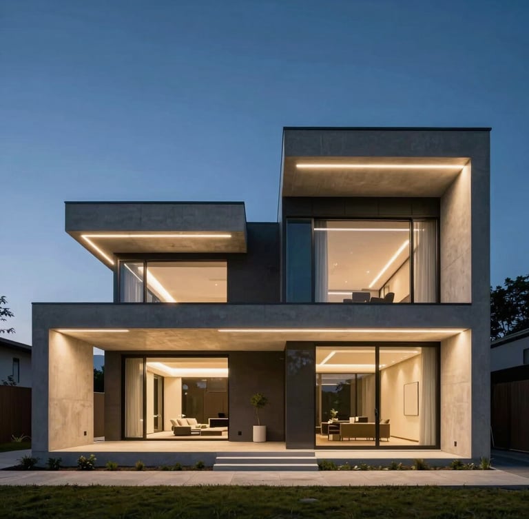 Wide symmetrical twilight shot of a luxury modern villa facade, linear architectural LED lighting illuminating concrete and glass structures, dark blue sky, negative space on the left