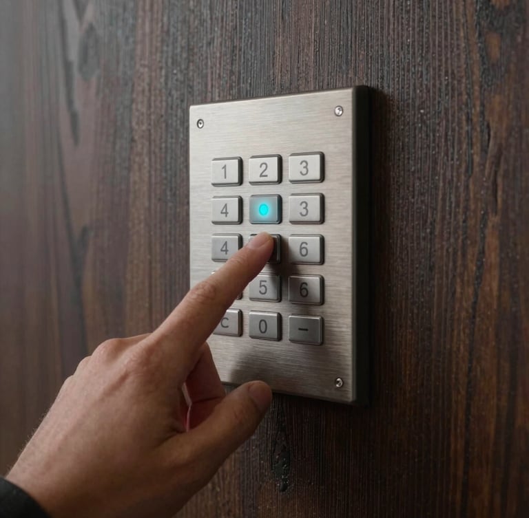 Vertical portrait of a hand touching a flush-mounted brushed metal keypad on a dark textured wood wall, a single sharp electric cyan status indicator glowing, soft side lighting, architectural detail.