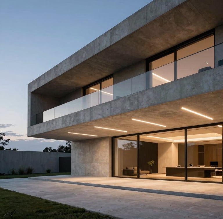 Wide architectural shot of a minimalist luxury villa at twilight, clean concrete lines, warm linear LED lighting integrated into the ceiling beams, no visible fixtures.