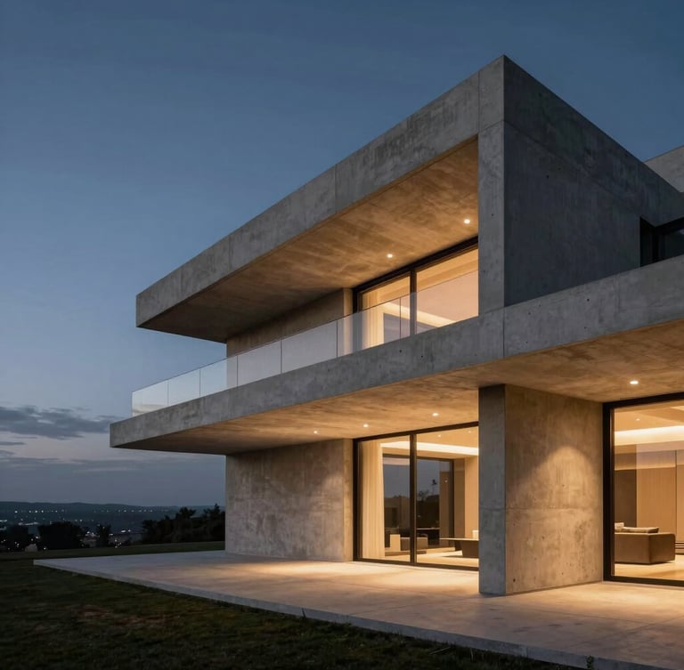 Wide panoramic twilight view of a luxury villa facade, minimalist concrete lines, warm indirect linear LED lighting highlighting the architectural geometry, dark sky, negative space on left