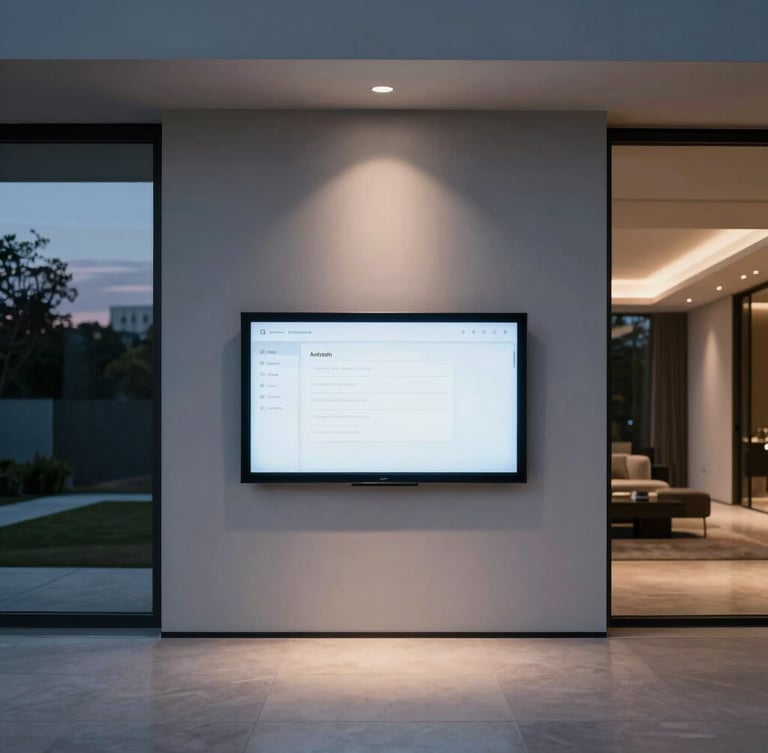 Symmetrical architectural shot of luxury home interior at twilight, flush-mounted touch screen glowing with minimal interface