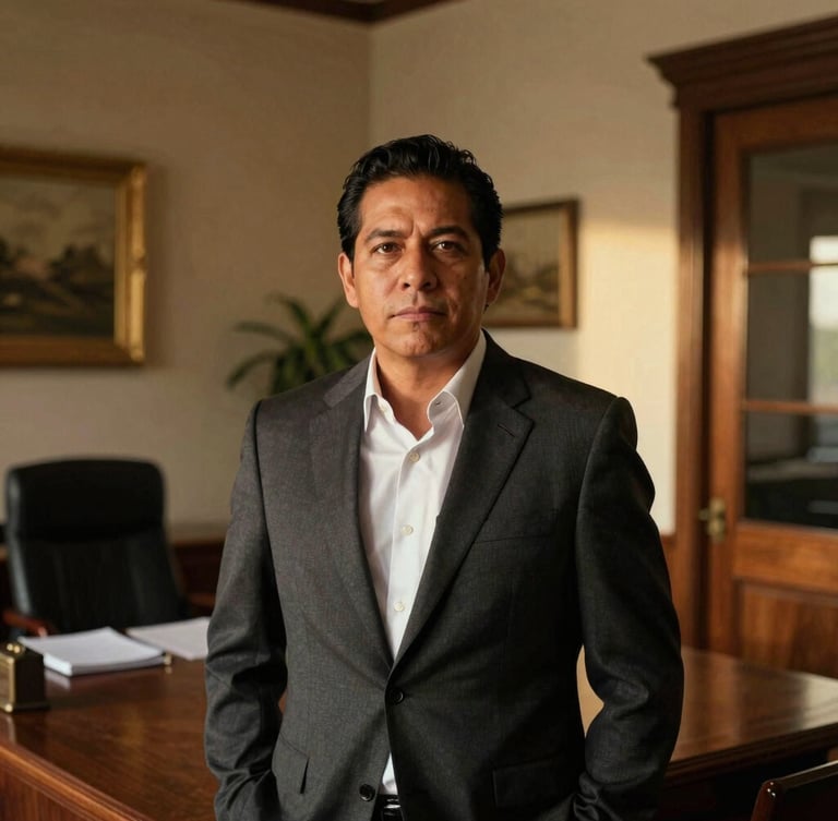 Candid professional portrait of a Mexican real estate advisor in a warm, naturally lit office setting, looking confident and serious.