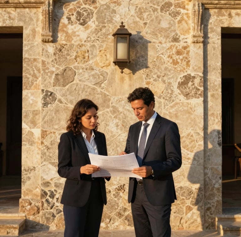 Vertical environmental portrait of a professional advisor reviewing plans on a premium land parcel in Tlalixtac, warm golden-hour light casting long shadows, organic textures of Oaxacan stone.