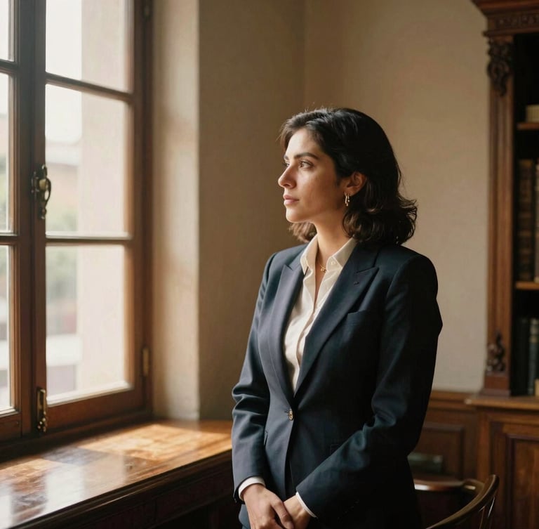 Warm portrait of a professional advisor looking thoughtfully towards a window, soft natural lighting, elegant Oaxacan office interior with wooden details