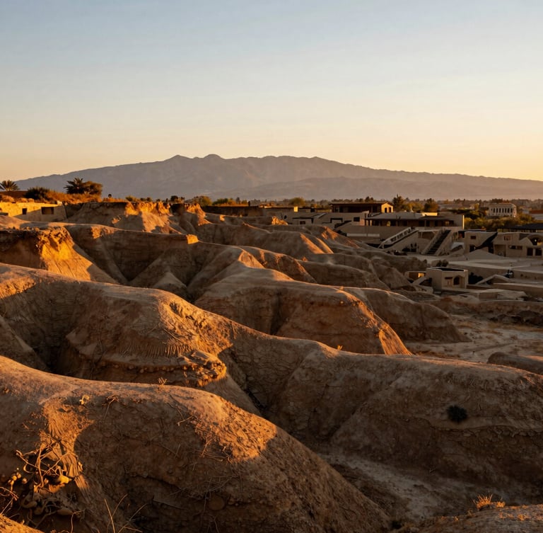 Wide environmental landscape shot of raw land in Tlalixtac under warm golden hour sun, soft late-afternoon light highlighting organic soil textures and distant mountains.