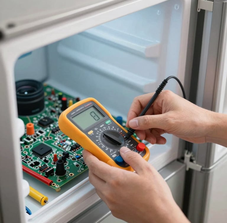 Close-up of clean hands using a precise digital multimeter on a modern high-end refrigerator circuit board, organized tools nearby, cool metallic tones, sharp focus, 35mm lens.