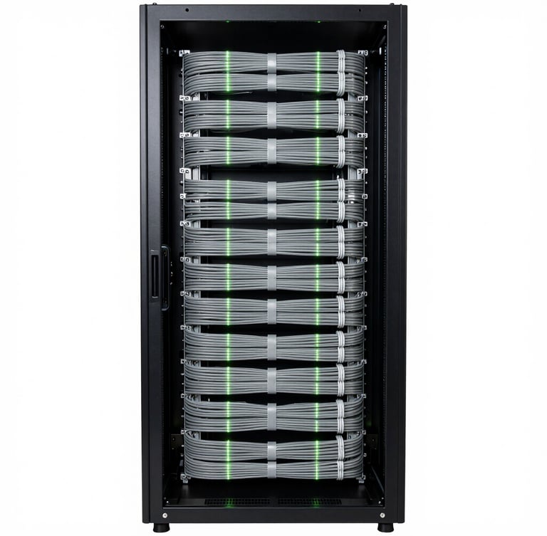 Straight-on architectural elevation of a pristine server rack, immaculate black metal frame, perfectly dressed gray cables bound in ultra-neat parallel bundles, soft green LED status lights shining in dark interior.
