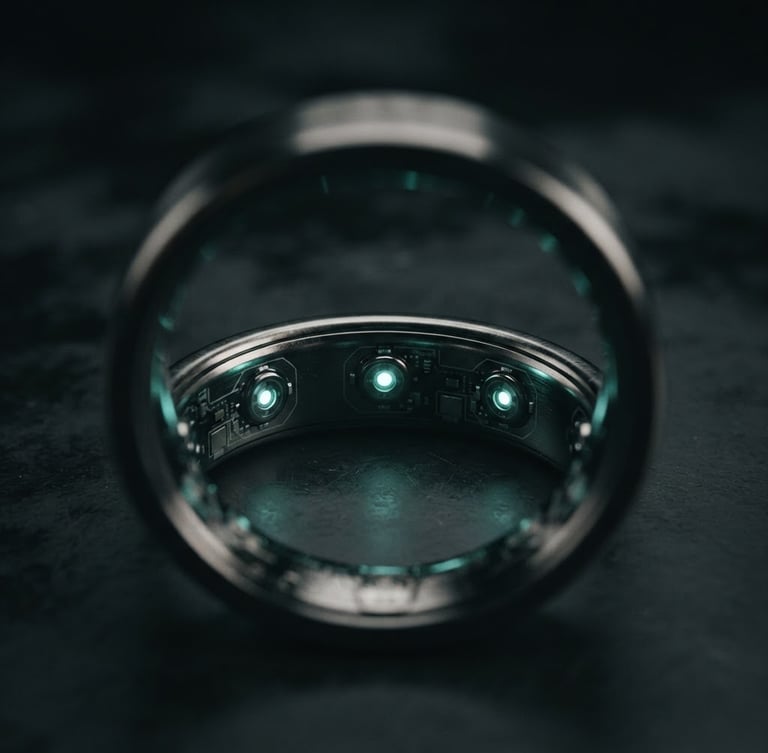 Macro close-up of a sleek liquid metal smart ring showing inner sensor nodes glowing with a faint teal light, dark studio setting, shallow depth of field