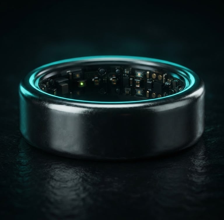 Macro close-up of a sleek liquid metal smart ring showing subtle inner sensor nodes, dark moody studio lighting with sharp neon teal rim light, shallow depth of field