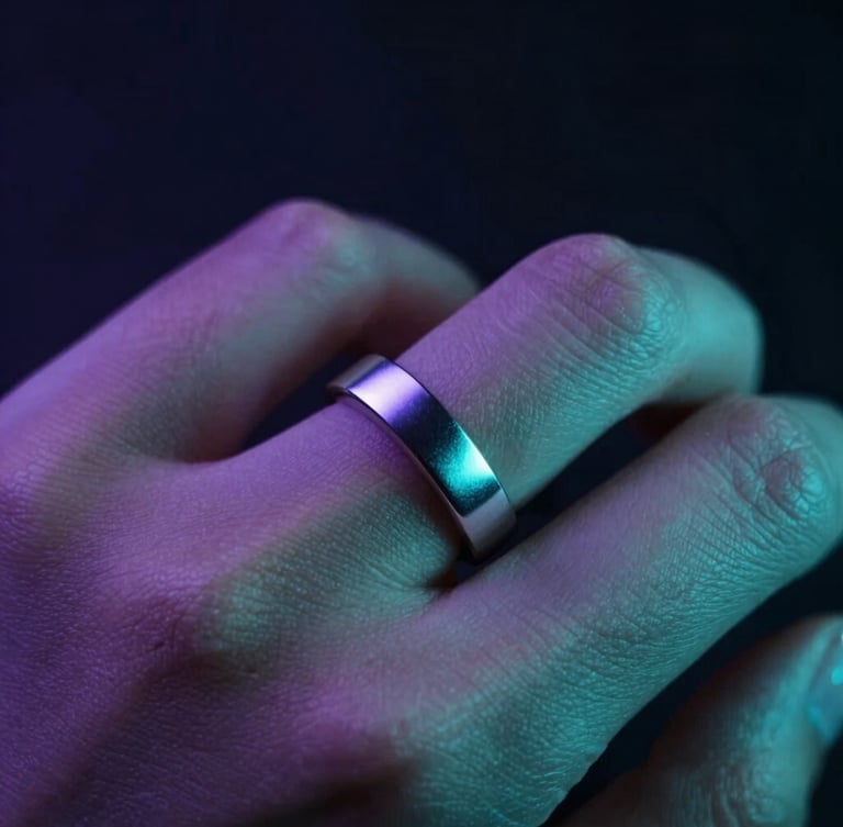 Tight macro shot of a hand in motion, metallic reflections of a seamless silver smart ring catching sharp violet and teal light, dark background