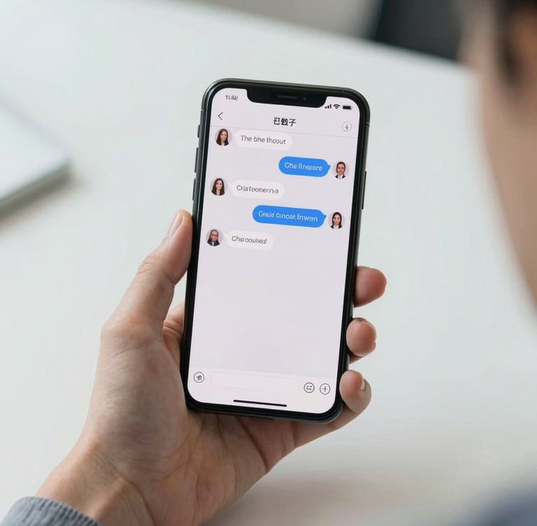 Bright, diffused daylight shot of a hand holding a smartphone displaying a clean medical chat interface, pristine white desk background.