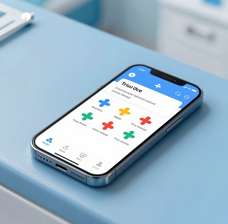 Macro shot of a modern smartphone displaying a clean medical triage interface resting on a pristine blue clinic counter, bright diffused studio lighting