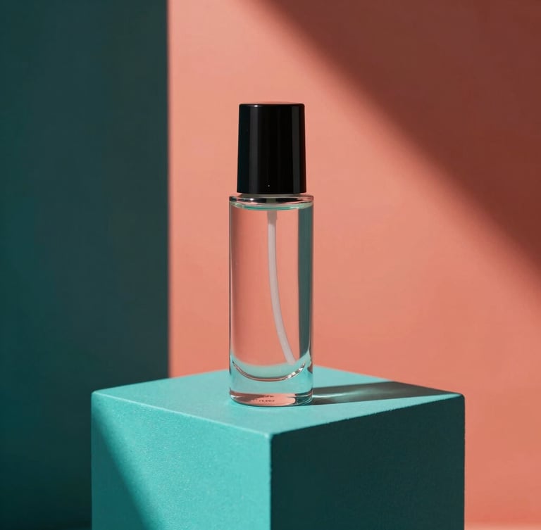 Sleek K-beauty bottle placed on a geometric teal pedestal, high-contrast studio lighting, dramatic shadows, saturated teal and coral tones, sharp focus, 35mm