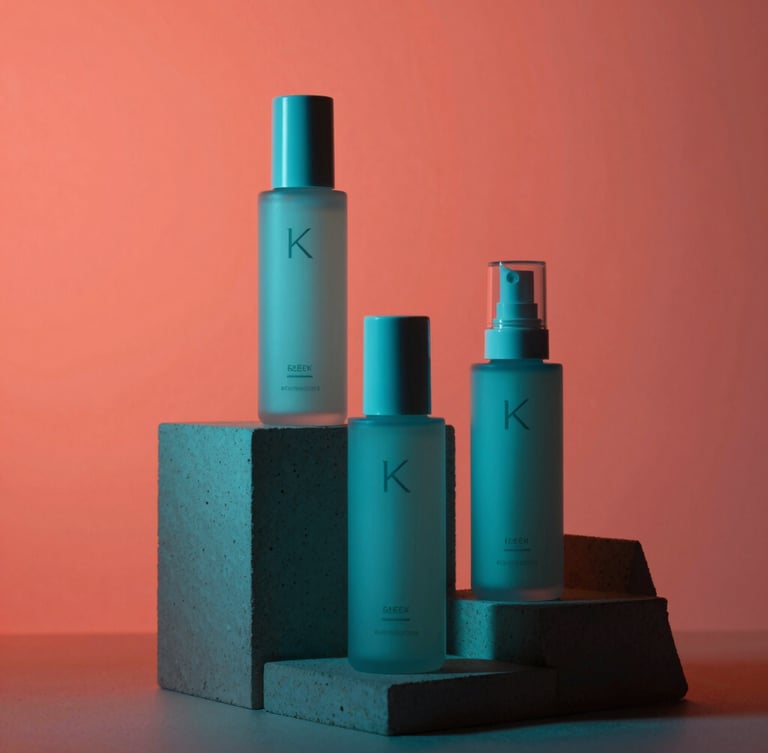 Sleek K-beauty bottles placed on geometric concrete pedestals against a vibrant coral background, dramatic studio lighting, sharp focus, 35mm