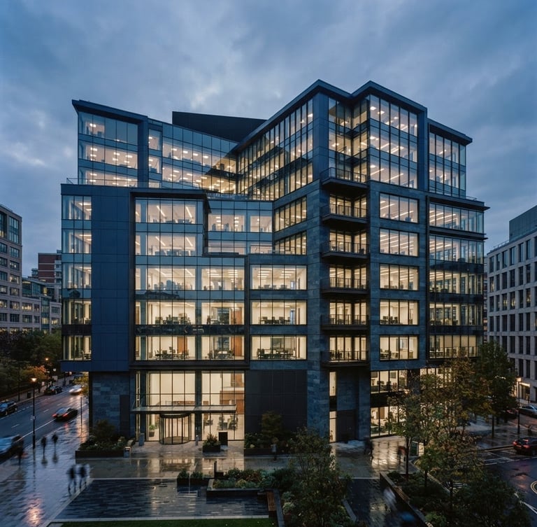 Wide shot of a modern office building exterior at dusk, sharp architectural lines, soft diffused light, muted navy and slate tones, 35mm