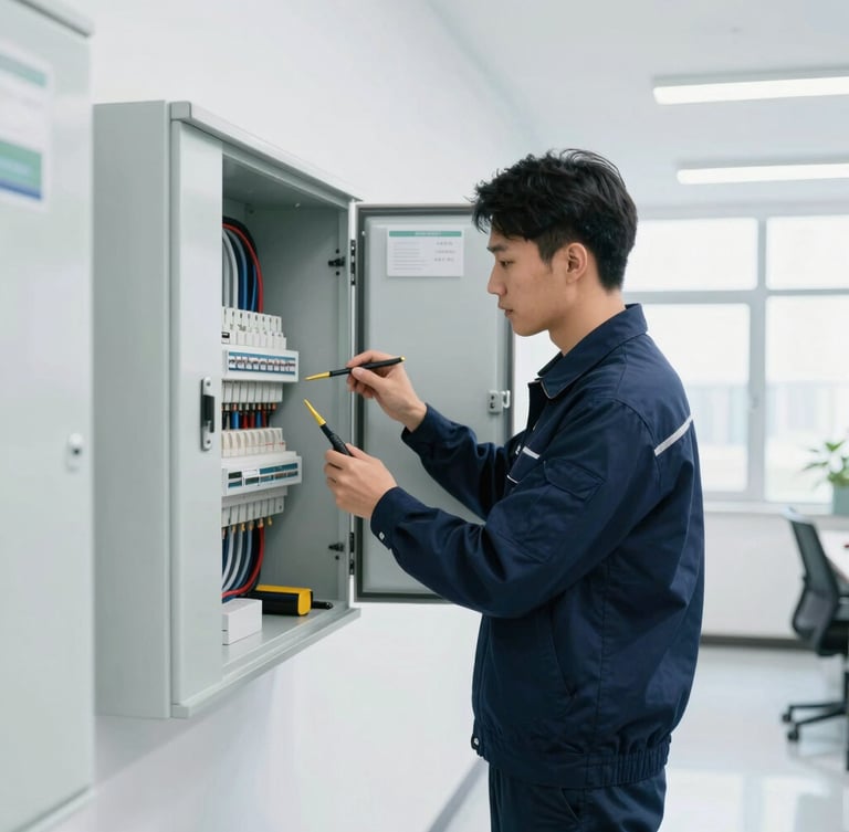 Medium shot of a professional technician in a clean dark blue uniform inspecting a modern building electrical panel with tools, bright interior lighting.