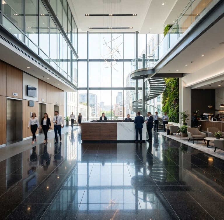 Wide dynamic shot of a pristine modern corporate lobby with clean lines, high ceilings, bright natural light reflecting off polished granite floors, professional setting, 35mm lens
