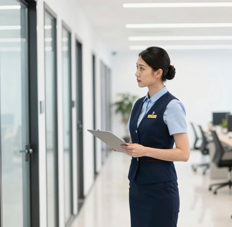Focused professional supervisor in neat uniform inspecting a clean commercial building corridor, bright natural indoor lighting, realistic details.