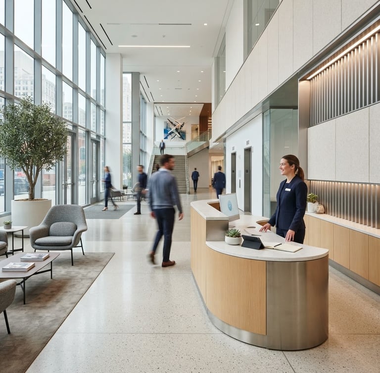 Wide environmental shot of a bright, modern corporate lobby with a clean reception desk, professional receptionist in neat dark blue uniform, natural light, 35mm lens