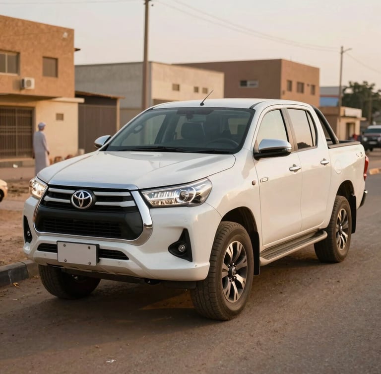 Authentic editorial automotive photography, a clean white Toyota Hilux parked on a dusty street in Khartoum during warm golden hour, natural lighting, realistic colors.