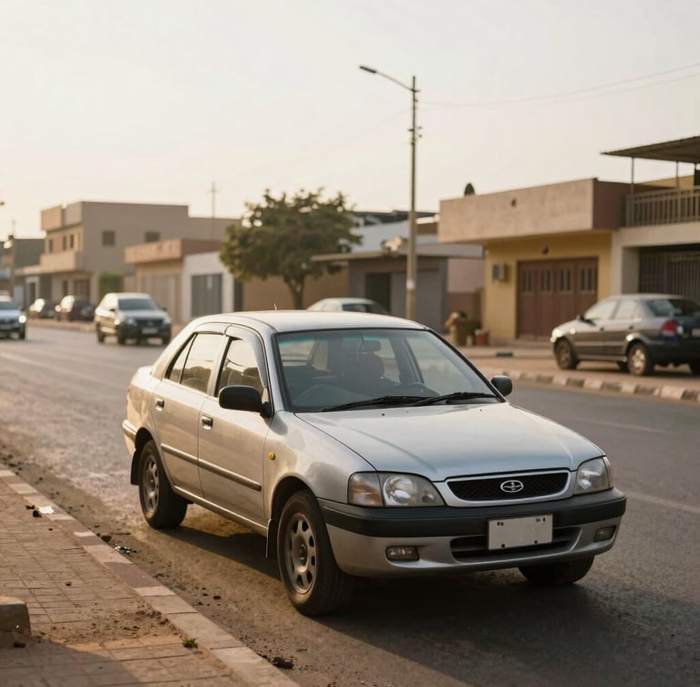 A respectful documentary style photo of a parked car on a quiet street in Khartoum during golden hour, soft warm light, clean focus, environmental storytelling.