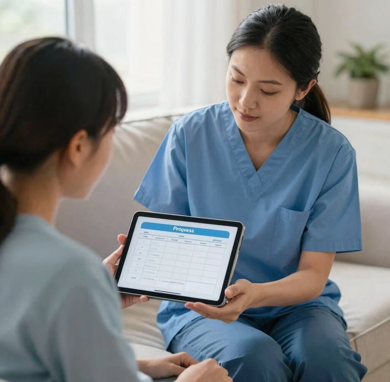 Support worker warmly interacting with an NDIS participant, both looking at a tablet showing a simplified progress report, in a comfortable home environment, soft natural daylight.