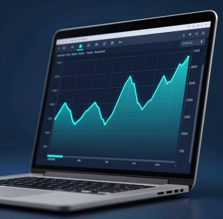 A sharp macro close-up of a modern laptop screen displaying real-time analytics charts with vibrant cyan lines, cool dark blue studio background.