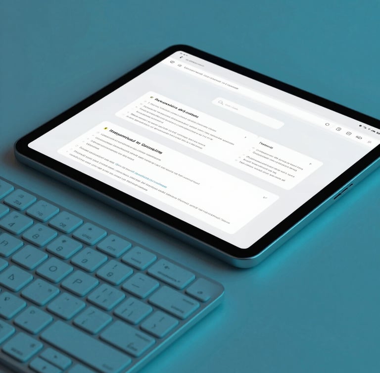 Sharp macro shot of a sleek keyboard and a tablet showing a responsive web layout wireframe, cool cyan ambient backlighting