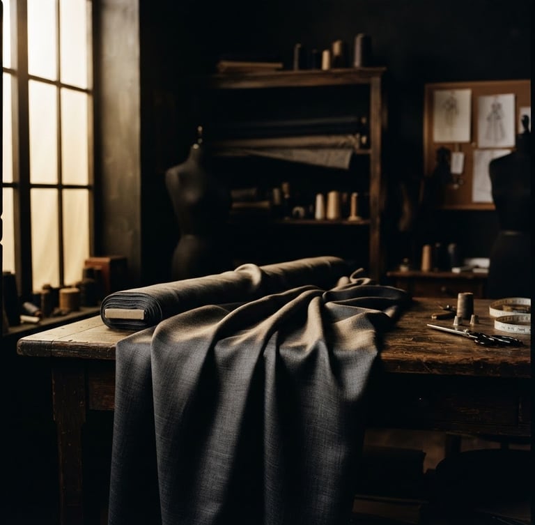 Low-key editorial photography of a high-fashion atelier interior, deep shadows, warm champagne light filtering through a window, elegant charcoal silk draped on a dark wooden table, 35mm film grain.