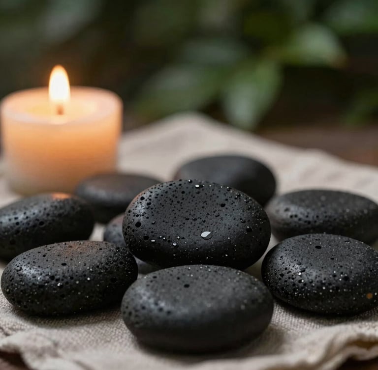 Macro photograph of warm black basalt stones resting on a linen cloth, soft candlelight, rich forest green background, shallow depth of field, 35mm