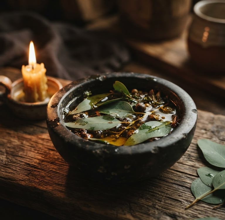 Warm editorial photography of a candlelit stone bowl with eucalyptus leaves and rich golden herbal oil, low-key atmosphere, shallow depth of field, 35mm