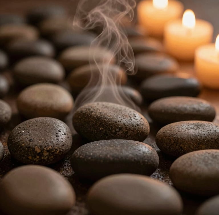 Close-up macro shot of warm smooth basalt stones placed along a spine, soft steam rising, warm candlelit background, low-key lighting, 35mm