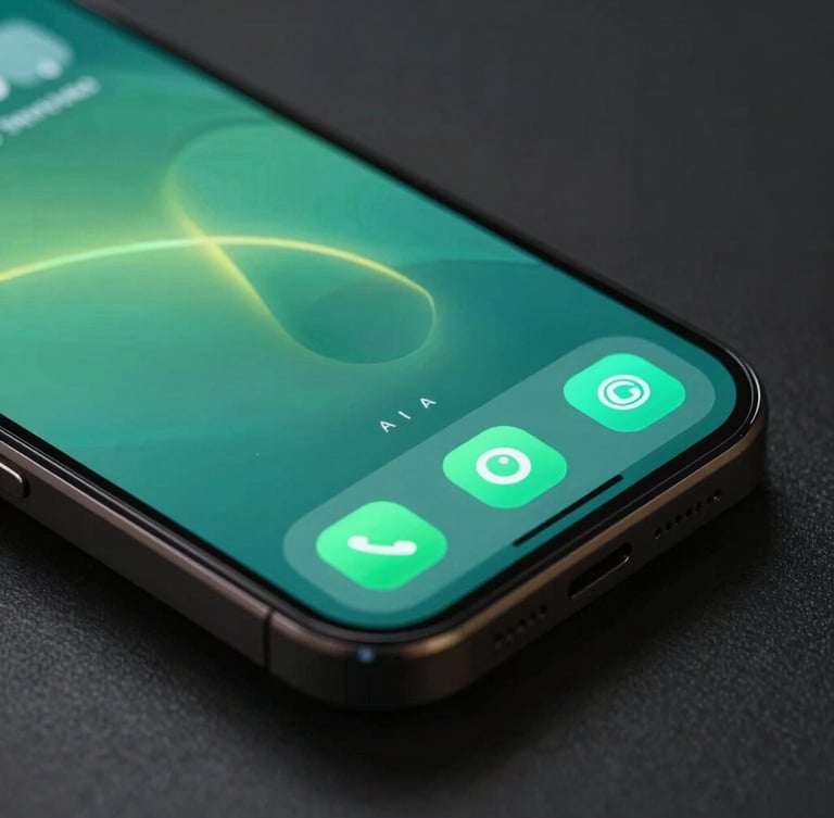 Extreme close-up isometric view of a sleek dark smartphone, glowing electric teal UI toggles on screen, moody backlit studio lighting, soft green neon reflections on glass.