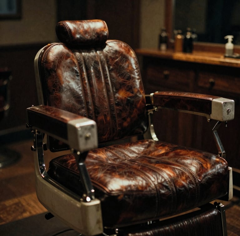 Low-key editorial photography of a vintage leather barber chair, dramatic side-lighting, warm amber highlights, deep shadows, rich textures, 35mm film