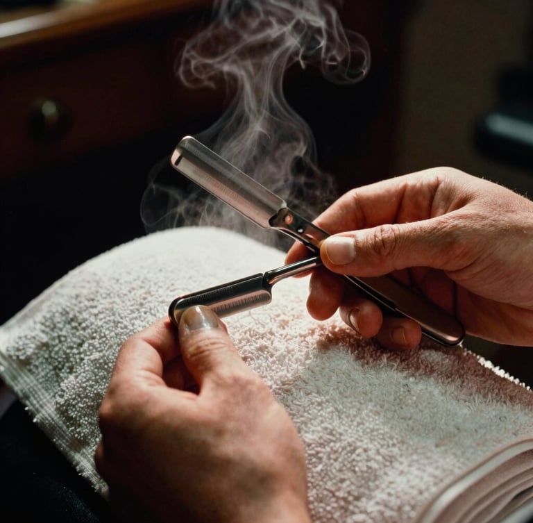 Hands of a barber holding a classic straight razor, catching the light, steam rising from a hot towel, rich textures, 35mm film