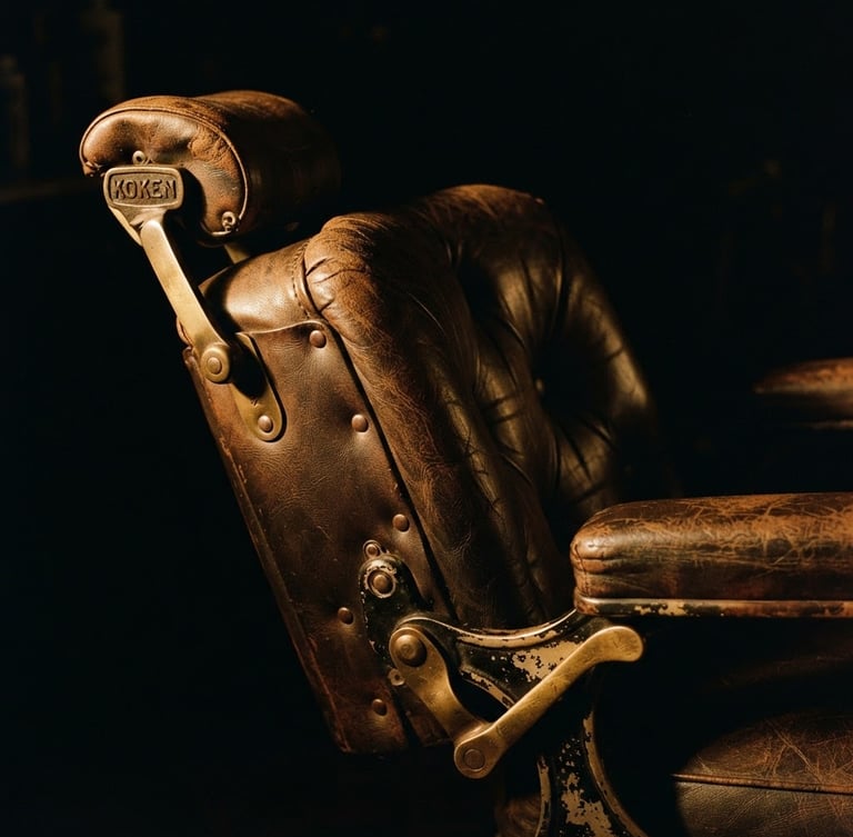 Close-up of a vintage leather barber chair in a low-lit room, dramatic side-lighting, warm amber highlights, deep shadows