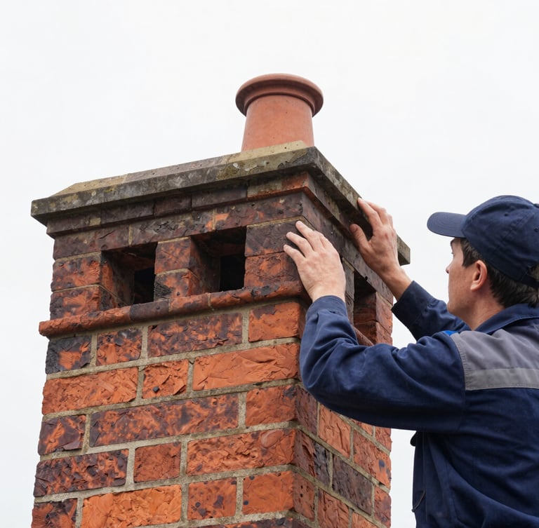 Close-up portrait of a skilled chimney technician in work gear, hands inspecting historic brickwork on a chimney stack, bright overcast daylight, cool slate and warm brick tones, sharp focus, 35mm