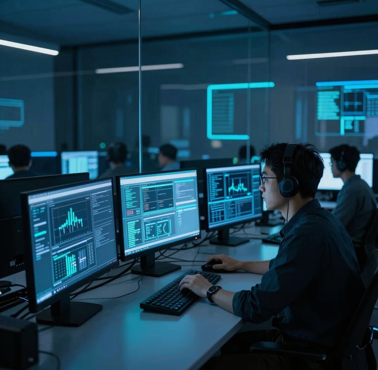 Wide environmental shot of a dark cybersecurity operations center, glowing blue and cyan dashboard screens reflecting on glass, focused analyst in profile, 35mm
