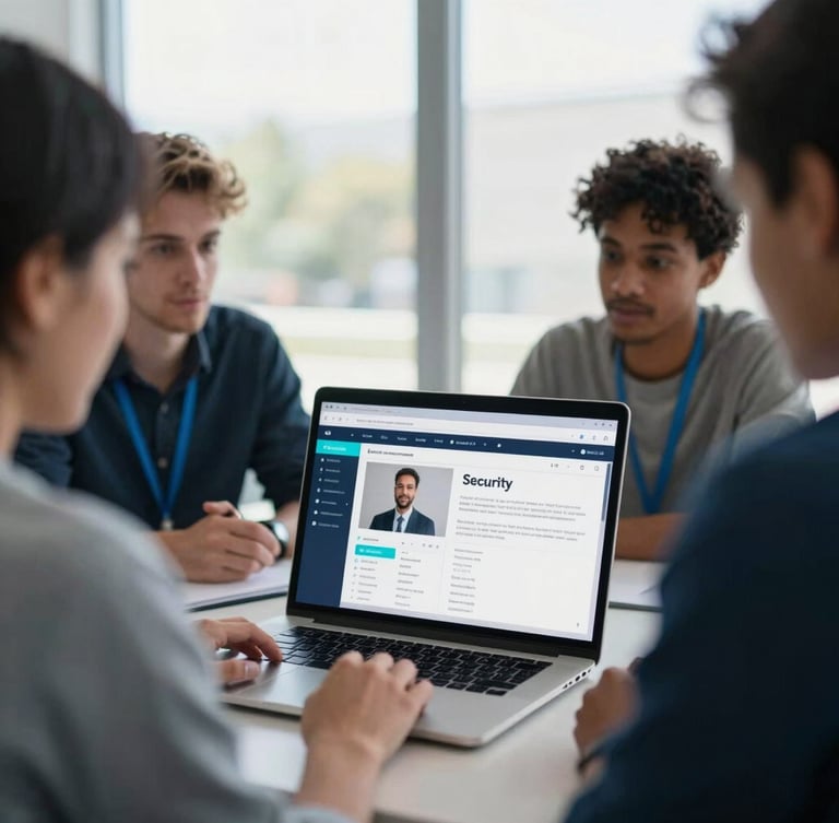 Medium close-up of a diverse group of community organizers in a brightly lit room, looking at a laptop screen showing a security setup, natural daylight, 35mm