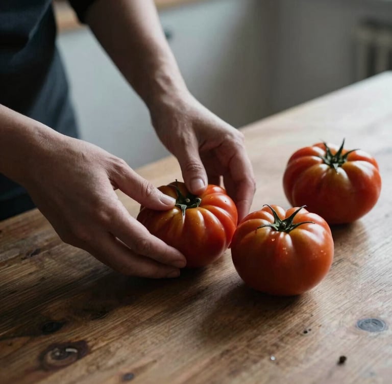 Hands prepping fresh heirloom tomatoes on a rustic wooden table, soft natural side-light, moody shadows, Scandinavian minimalist kitchen aesthetic, shallow depth of field